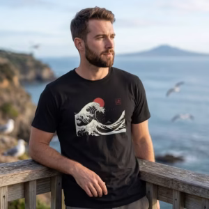 Camiseta La Gran Ola Sumi-e negra en modelo masculino, junto al mar
