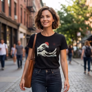 Camiseta La Gran Ola Sumi-e negra en modelo femenino, en la ciudad