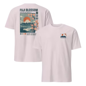 Camiseta Fuji Blossom 富士山 — Monte Fuji en Flor — color Ice Grey, vista de espalda y pecho en una imagen