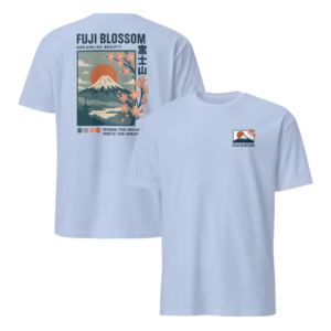 Camiseta Fuji Blossom 富士山 — Monte Fuji en Flor — color Light Blue, vista de espalda y pecho en una imagen