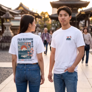 Chico y chica en un templo japones con la camiseta Fuji Blossom: espalda y pecho