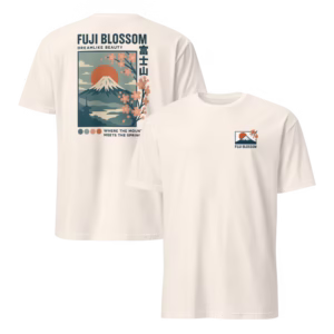 Camiseta Fuji Blossom 富士山 — Monte Fuji en Flor — color Natural, vista de espalda y pecho en una imagen