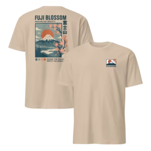 Camiseta Fuji Blossom 富士山 — Monte Fuji en Flor — color Sand, vista de espalda y pecho en una imagen