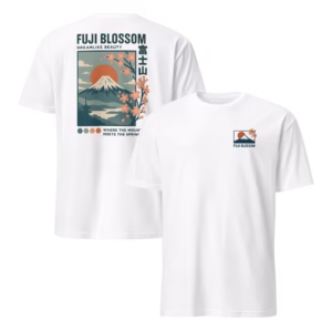 Camiseta Fuji Blossom 富士山 — Monte Fuji en Flor — color White, vista de espalda y pecho en una imagen