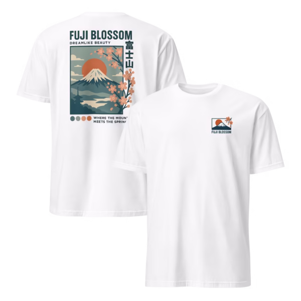 Camiseta Fuji Blossom 富士山 — Monte Fuji en Flor — color White, vista de espalda y pecho en una imagen
