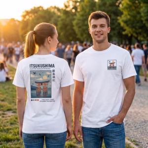 Chico y chica en un parque con la camiseta Itsukushima: espalda y pecho