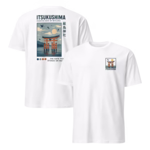Camiseta Itsukushima 厳島神社 — Torii Flotante de Miyajima — color White, vista de espalda y pecho en una imagen