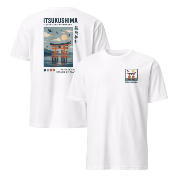 Camiseta Itsukushima 厳島神社 — Torii Flotante de Miyajima — color White, vista de espalda y pecho en una imagen