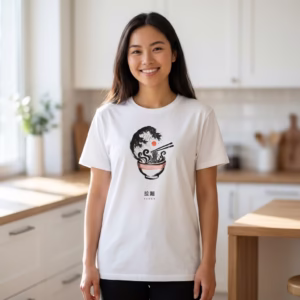 Camiseta Ramen blanca en modelo femenino